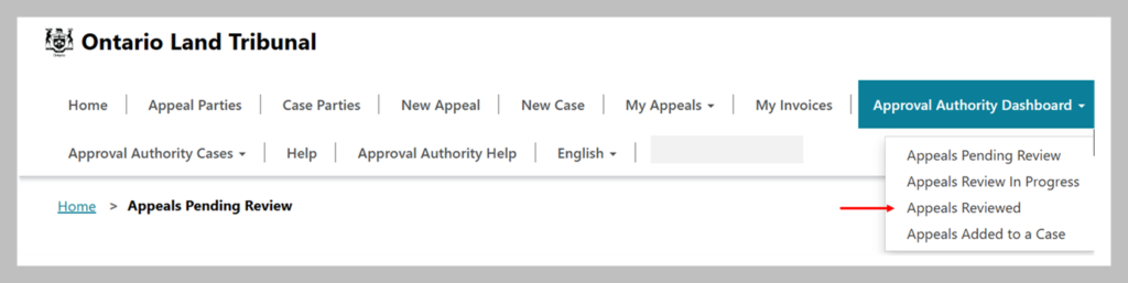 Screenshot showing Ontario Land Tribunal home page with Approval Authority Dashboard tab shown with a red arrow highlighting the Appeals Reviewed tab on the top right corner