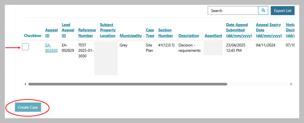 Screenshot showing a red arrow pointed towards an empty box under the checkbox heading. Then on the bottom left corner, the ‘Create Case’ option is circled