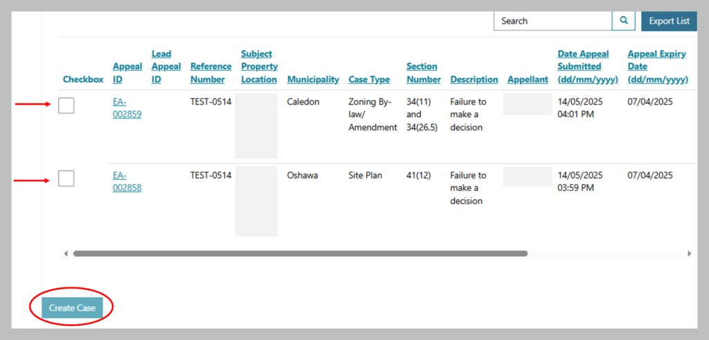 Screenshot showing two red arrows pointing towards two empty boxes under the checkbox heading. Then on the bottom left corner, the ‘Create Case’ option is circled