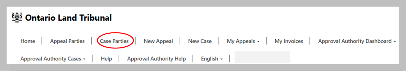 Screenshot showing a red circle highlighting the ‘Case Parties’ option in the Ontario Land Tribunal home page.