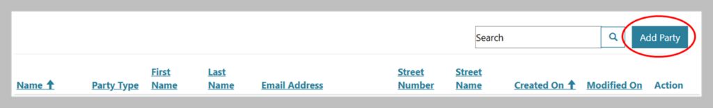 Screenshot showing a red circle highlighting the ‘Add Party’ option in the upper right corner.