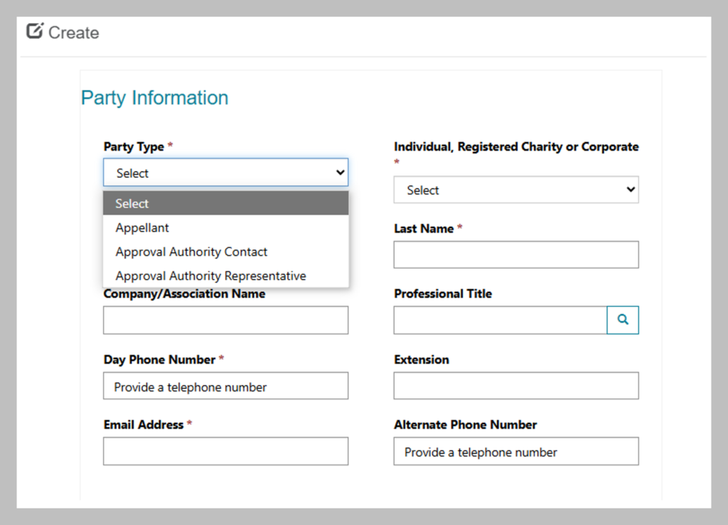 Screenshot showing the ‘Party Information’ page highlighting the party type section in the upper left corner.