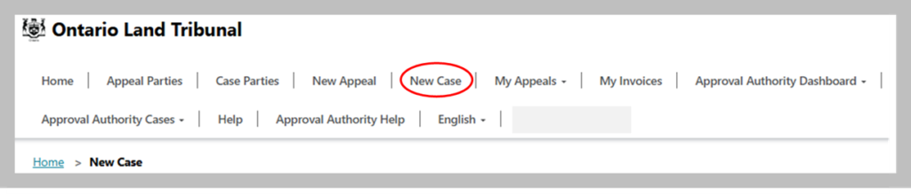 Screenshot showing a red circle highlighting the ‘New Case’ option on the Ontario Land Tribunal home page.