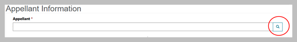 Screenshot showing the ‘Appellant Information’ page with a red circle highlighting the search bar for the Appellant tab section