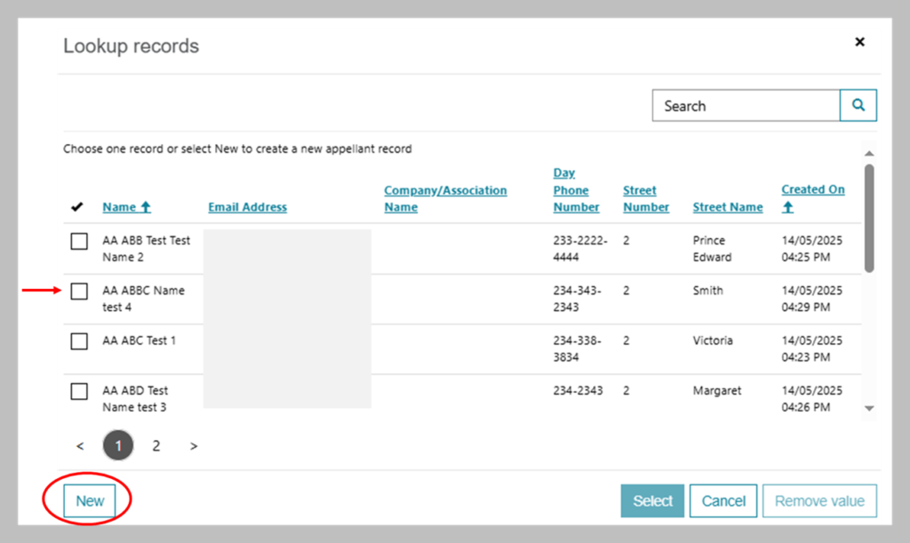 Screenshot showing the ‘Lookup records’ page with a red arrow pointing towards the second checkbox for an appellant record. Then on the bottom left corner the ‘New’ option is circled”