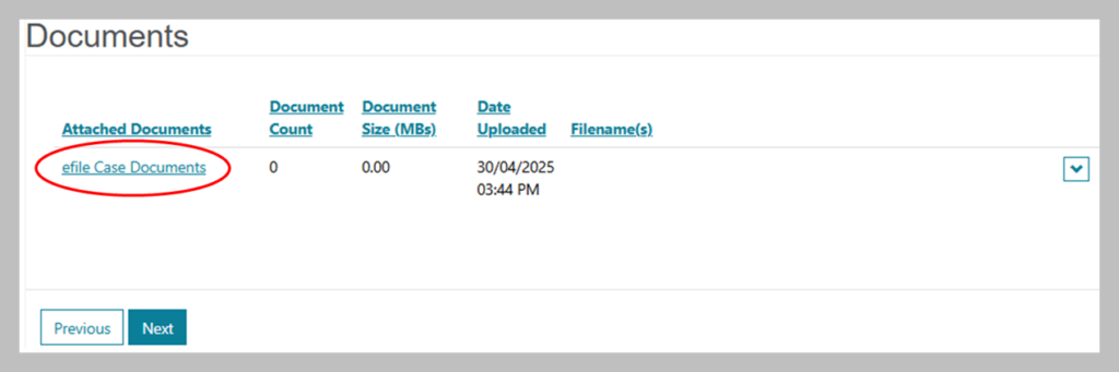 Screenshot showing the ‘Documents’ page with a red circle highlighting the ‘efile Case Documents’ option under the attached documents heading.