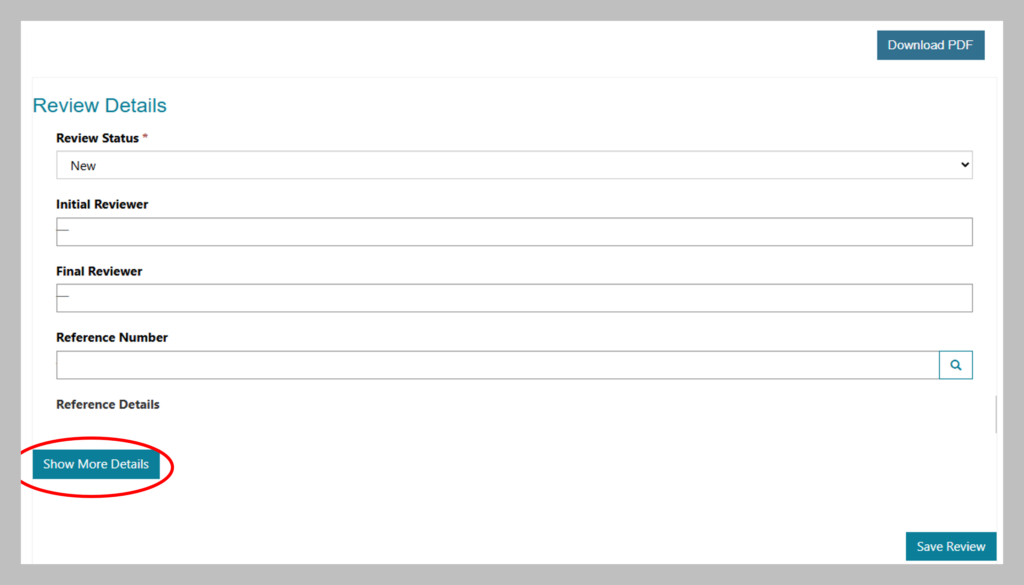Screenshot showing the ‘Review Details’ page with a red circle around the show more details option button on the bottom left corner
