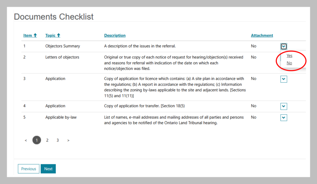Screenshot showing the ‘Document checklist’ page with a red circle highlighting the yes/no option under the attachments heading in the upper right corner