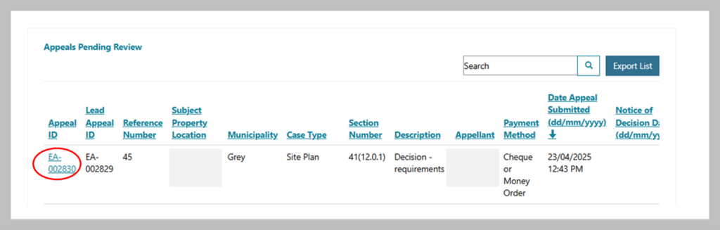 Screenshot showing the ‘Appeal Pending Review’ page with several different sub categories with information regarding a specific appeal case, with Appeal ID number highlighted with a red circle