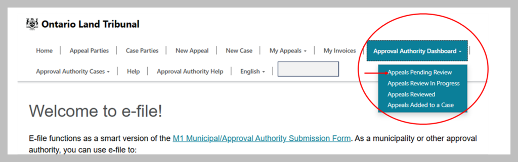 Screenshot showing the ‘e-file home’ tab page with Approval Authority Dashboard tab is circled with a red arrow highlighting the Appeals pending Review tab on the up-right corner